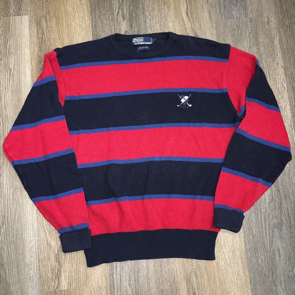 Polo Ralph Lauren Striped Sweater Mens Medium Red Navy Golf Crest Cotton Vintage
